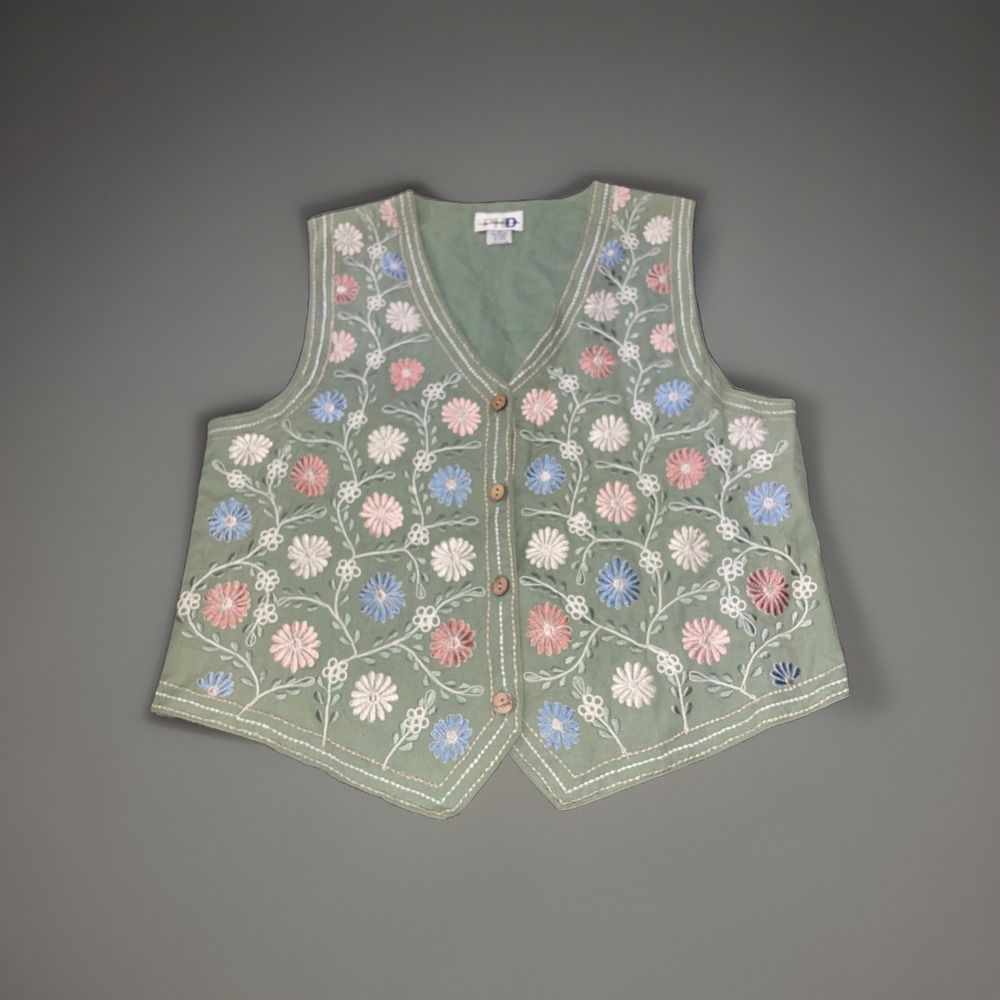Vintage Paul Harris Design Floral Embroidery Vest Cottagecore Size Medium